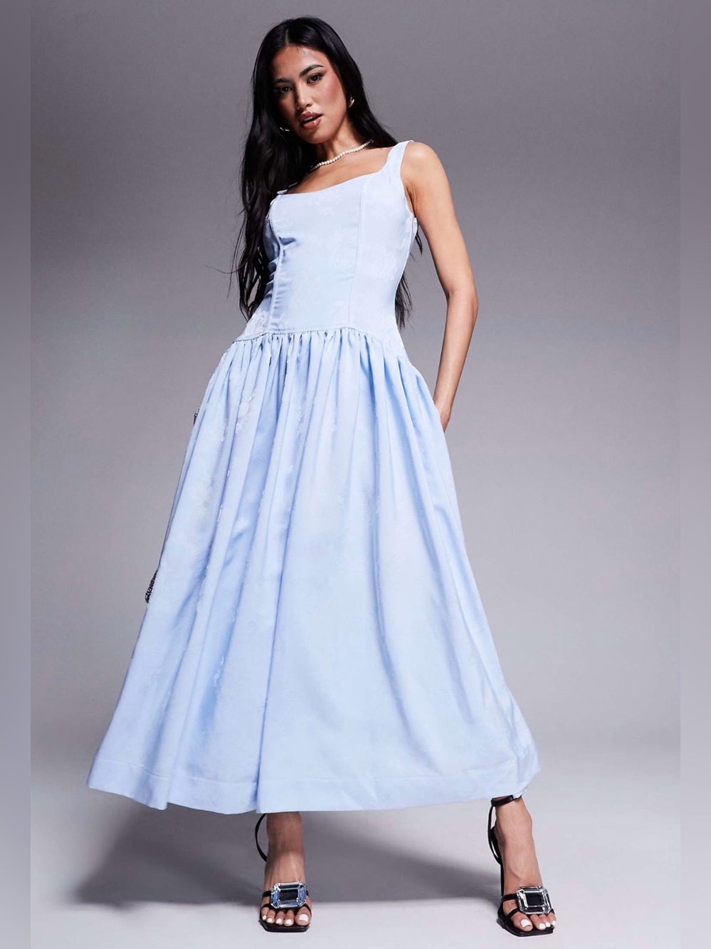 Rare London structured scoop neck dropped waist maxi dress in powder blue